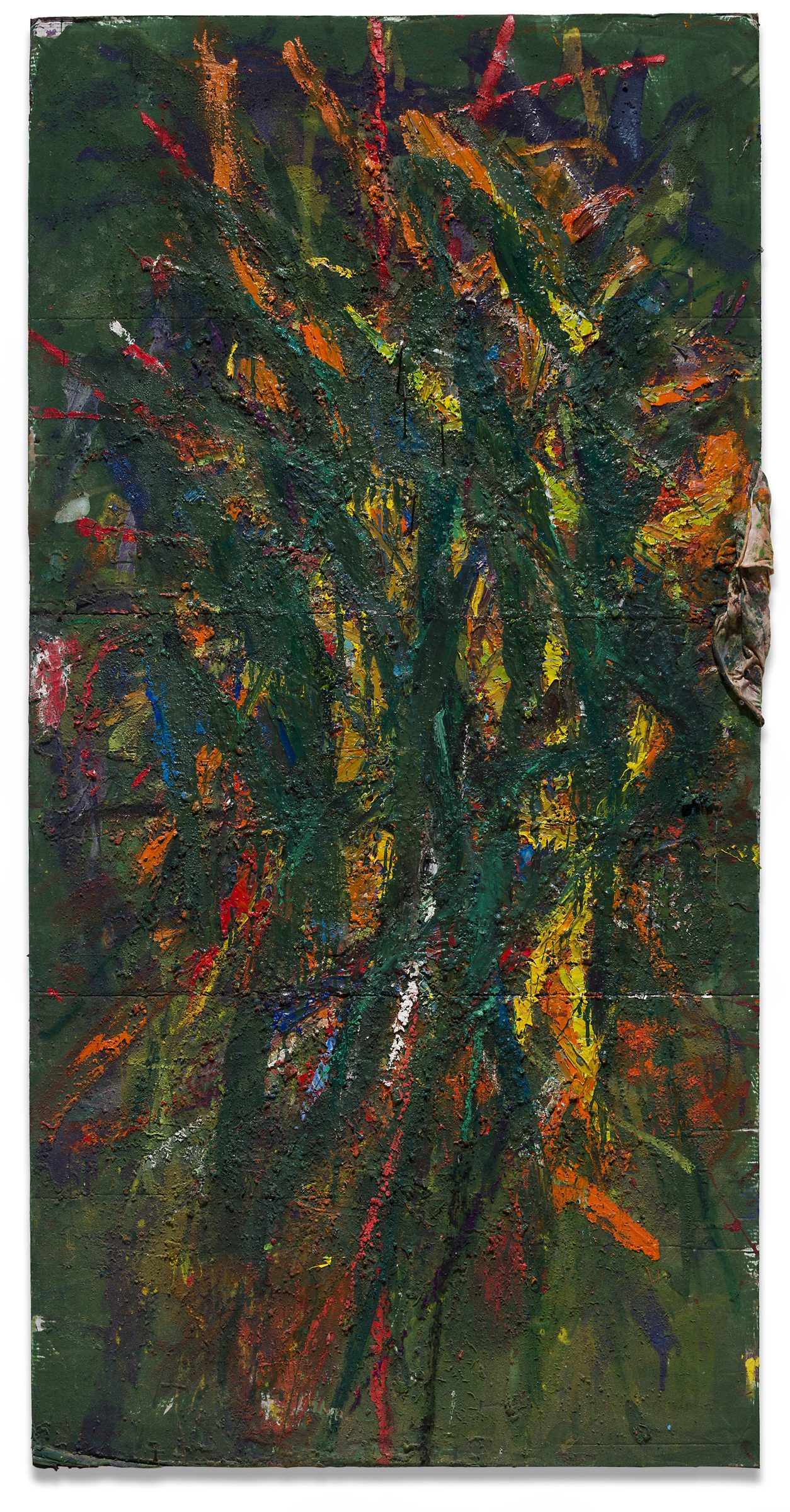 Green painting, fire (violet figure riding a bike consumed by flames), 2016-17