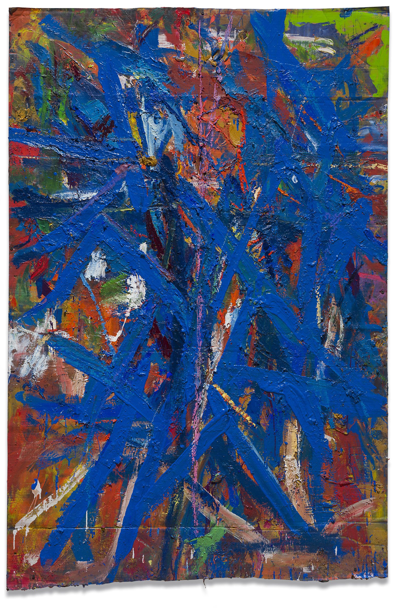 Spencer Lewis, Red and blue painting for the red and blue studio #2 with foot painting (Orange Basquiat head), 2016-17